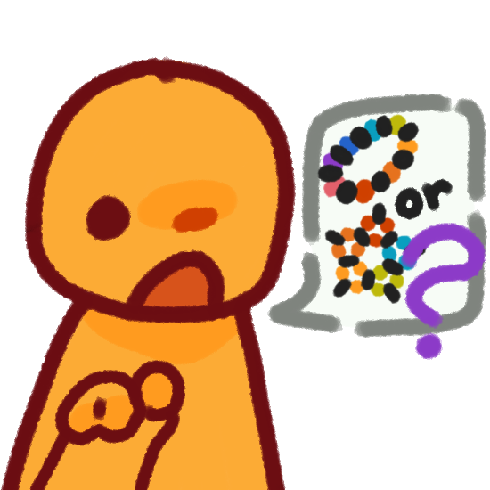 A person pointing towards you with a speech bubble to the right with a kandi bracelet and star charm inside, with the word or, there is a purple question mark on the speech bubble
